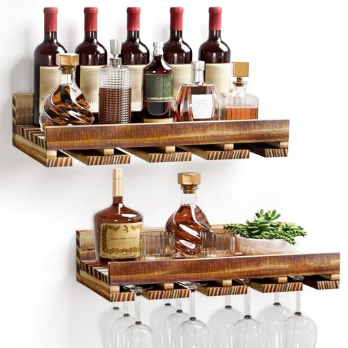 Yorbay Juego de 2 estantes de madera para vino: barra de pared vintage de madera de palé flameada con estante para copas de vino para vino y copas de vino – Soporte para botellas de vino de pared para