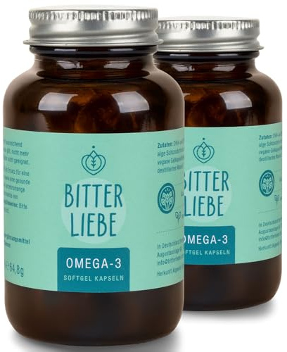 BitterLiebe - Omega 3 vegan Kapseln hochdosiert aus pflanzlichem Algenöl - hochwertigem EPA und DHA - Premium Omega-3-Fettsäuren für Veganer - leicht schluckbar