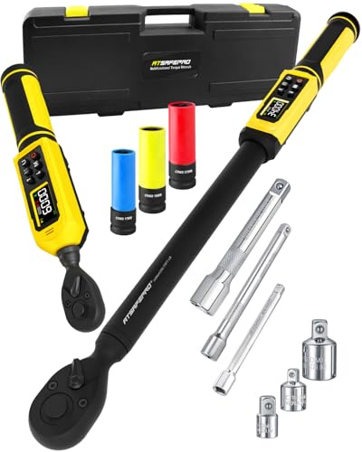 Digital Torque Wrench Set-3/8 & 1/2 Drive Torque Wrench, ±2% Accuracy,1-44 ft-lb/4-250 FT-LB, Backlit LCD, Triple Alert (Vibration/Buzzer/LED), with 17-19-21mm Sockets, 3 Extension Bars & 3 adapters