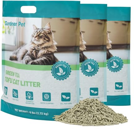 Gardner Pet Natürliche Tofu Katzenstreu 8.1 kg, Katzenstreu mit Grüntee-Extrakt, Staubfrei und schnell klumpend, Geruchskontrolle, spült in der Toilette für Haushalte mit Mehreren Katzen, 2.7 kg x 3