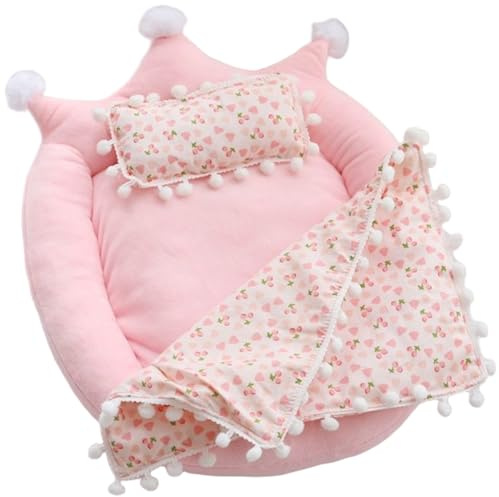 Xoeryoy Doll Bed, Cute Crown Shape Toy Bed with Cherry Pattern Pillow and Blanket for 20cm Doll, Dollhouse Accessories