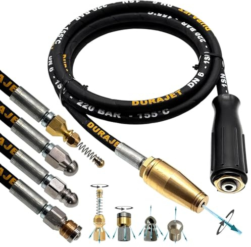Rörrengöringsslang för Kärcher Kränzle HD HDS | M22 x 1,5 IG-anslutning + 5 munstycken set | 220 bar 150 °C | DN6 högtrycksslang DURAJET för toalettsifon, avloppsrör, professionell och hemmabruk (20