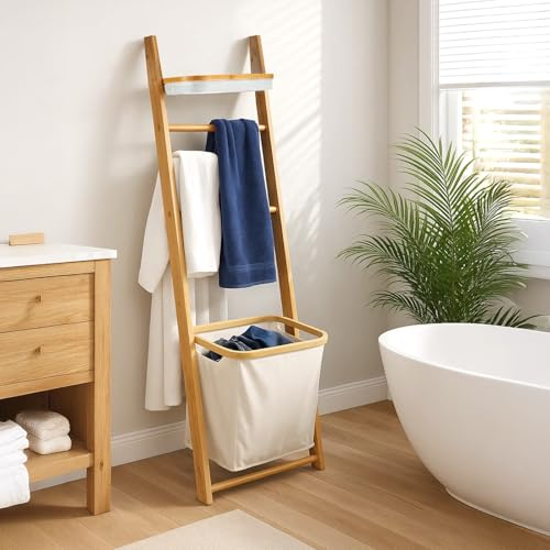 Bamboo Blanket Ladder with Laundry Basket, Free-Standing Towel Rack, Wooden Storage Shelf & Decorative Towel Ladder for Bathroom, Bedroom or Living Room