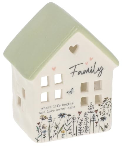 Shudehill Giftware Sweet Meadow Ceramic Tealight House, White and Green Decorative Candle Holder with Family Quote, Floral Design, (Height 10.7cm x Width 8.7cm x Depth 6.5cm)