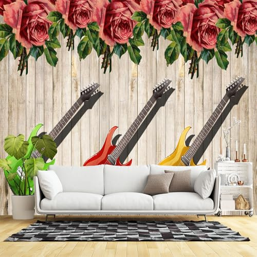 Custom Size Wall Murals, Electric Guitars Pink Roses Light Wood Self-Adhesive Wall Fabric(NO PVC) Removable Large Photo Wallpaper for Living Room Bedroom Office