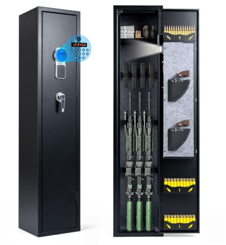 COSTWAY Armoire à Armes pour 10 Fusils, Coffre-Fort 3 Façons Verrouillage | Structure en Acier Laminé Serrure & Clés, Support Réglable et Amovibles, pour Armes Longues Pistolets, 30 x 28 x 138 cm
