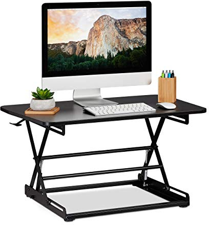 Relaxdays höjdjusterbar skrivbordshöjare, bärbar dator och skärmstativ, ergonomisk, svart, järn, MDF, 16 x 80 x 51 cm