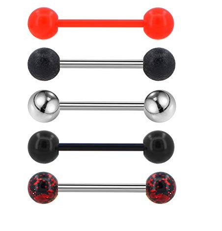 Jewseen 5PCS 14G 316L Stainless Steel Red Black Acrylic Balls Tongue Barbell Painting Tongue Rings Piercing