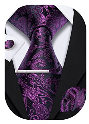 Barry.Wang Lot de 3 cravates cachemire en soie pour homme avec mouchoir de poche, boutons de manchette, ensemble de cravates, mariage festif, violet foncé, taille unique