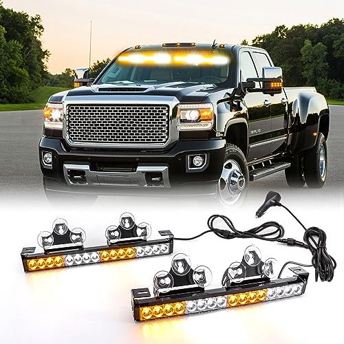 ROUTEKING 2x16.8 inch Emergency Flashing LED Traffic Advisor Strobe Light Bar 32LED 23 Flash Patterns Interior Safety Warning Beacon 2 in 1 Windshield Lights with 6 Suction Cup (Amber/White)