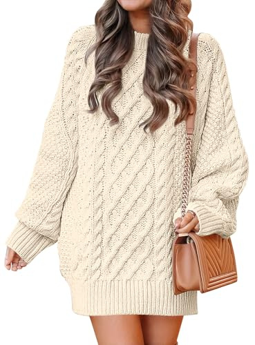 ANRABESS Womens Sweater Dress Oversized Cable Knit Chunky Long Sleeve Short Dresses 2025 Fall Outfits Vacation Winter Clothes Beige Small