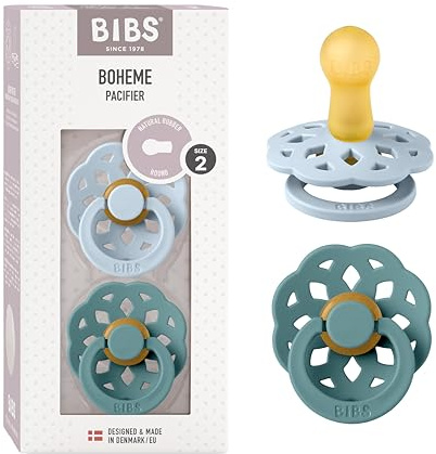 BIBS Boheme Soother 2-Pack. BPA Free Dummy Pacifier, Round Nipple. Natural Rubber Latex, Made in Denmark. Str. 2, Baby Blue/Island Sea