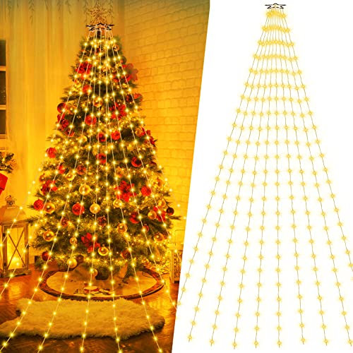 Luci Albero di Natale Interno Esterno 280 LED 2,8 Metri 10 Fili, Lucine Luci Albero di Natale a Cascata LED IP44 Impermeabile, Illuminazione Catena Luminosa Esterno Natalizia 8 Modalità, Bianco Caldo