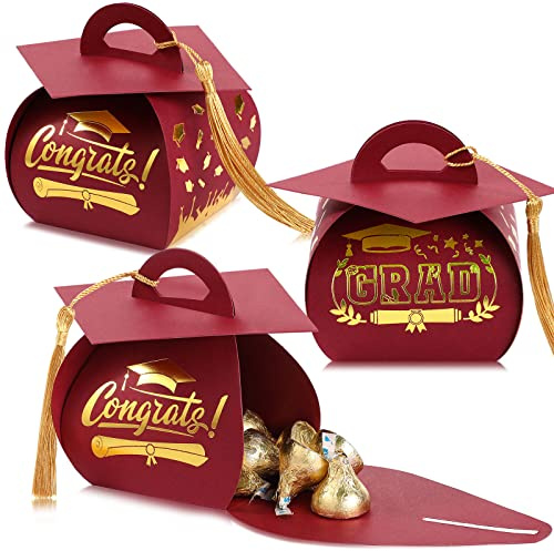 TaoBary 30 Pcs Graduation Cap Gift Boxes Graduation Decorations Class of 2026 Candy Box with Tassel for 2026 Grad Party Favors Supplies(Maroon, Gold)