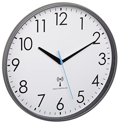 TFA Dostmann Analoge Funk-Wanduhr, 60.3549.10, mit Kunststoffrahmen, 30cm Durchmesser, Küchenuhr, Blauer Sekundenzeiger, weiß-grau