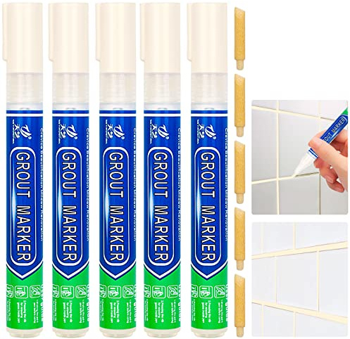 5 Penna per Fughe Piastrelle Beige, Penne per Stuccatura Impermeabili Penna per Malta, Penna per Piastrelle Penna per Stucco, Pennarello per Fughe con Punta di Ricambio per Bagno, Cucina