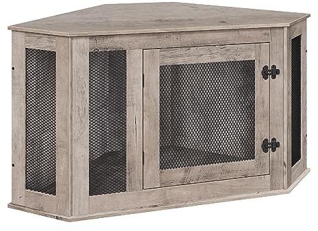 MAHANCRIS Corner Dog Crate Furniture, Wooden Dog Kennel End Table, Decorative Pet Crate Indoor Use, Furniture Style Dog House for Small Medium Dog, Dog Cage TV Stand, Greige and Black DCHG0801