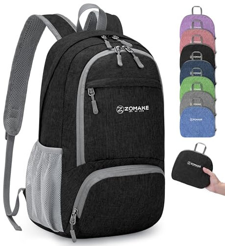 ZOMAKE Kleiner Leichter Rucksäcke 20L Faltbarer Rucksack für Sport Wandern Reisen und Städtetrips,Tagestasche für Damen Herren(Schwarz)