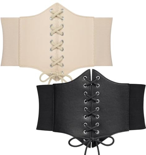 WERFORU 2 stycken dam Tied Waspie bälte, brett skosnörningsbälte för kvinnor, korsett elastisk midjebälte för halloweenfest, G-svart + beige, Passend für Taillengröße 99-108cm