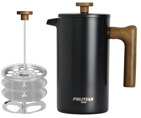 Poliviar Cafetera de prensa francesa de 1 litro/8 tazas, cafetera y tetera aislada de doble pared, prensa de café con filtro a mano con émbolo y mango de madera, vintage