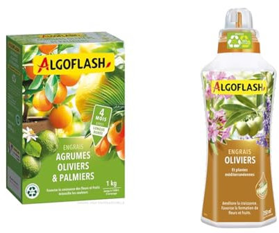 ALGOFLASH Engrais Agrumes, Olivers, Palmiers, Longue Durée, 1 kg, MED1R & Algoflash Engrais Oliviers et Plantes Méditerranéennes, Bouchon Doseur Inclus, 750 ml, ALIMED750N