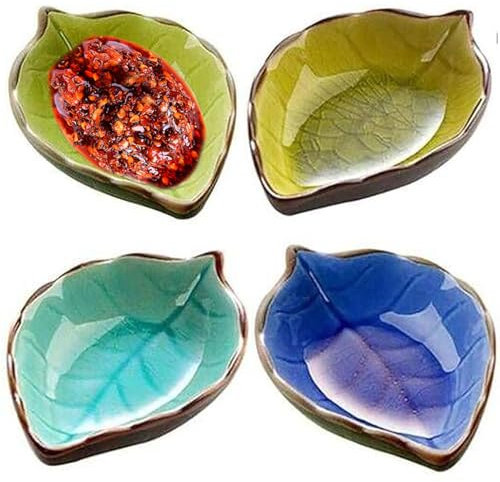 Fahibin 4 Mini Keramik Schüssel Set, kleine teller für snacks, Blätter Form Hand gefertigt Saucen Schalen