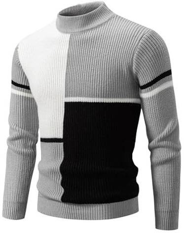 crazy bean Maglione Uomo Invernale a Collo Alto Maglia Dolcevita Patchwork Felpa Lupetto Lupetto a Maglia Slim Fit Grigio L