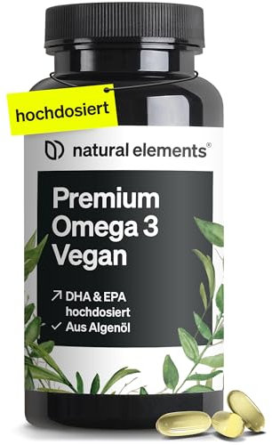 natural elements Premium Omega 3 Vegan – 60 Kapseln – 2000mg Algenöl, 800mg DHA und 400mg EPA pro Tagesdosis – Omega-3 für Veganer – hochdosiert, ohne unnötige Zusätze – laborgeprüfte Qualität