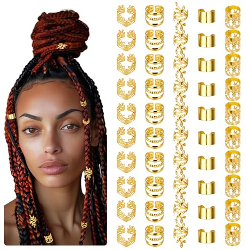 Molain 50 Cuentas Doradas para Rastas y Trenzas - Puños Ajustables y Anillos de Pelo - Accesorios de Decoración para Cabello