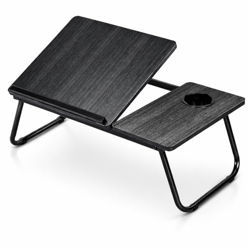 Mesa Reclinable para Cama y Sofá, Bandeja Plegable con Portavasos, Ideal para Ordenador Portátil y Libros, con Cinco Alturas, Mesita Auxiliar Multiusos de MDF, Acero y Plástico