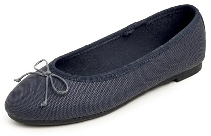 Feversole Women's Fashion Round Toe Ballet Flat Pumps Comfort Bow Tie Dolly Shoes Navy Texture Vegan Leather UK 6