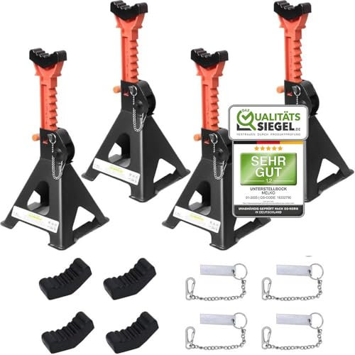 Melko 6000 kg, con paletta di sicurezza e 2 cuscinetti in gomma, portata 6 T, in ghisa, cavalletti di sostegno per auto, 9 livelli, regolabile in altezza 28-42,5 cm, 4 pezzi x 6 tonnellate