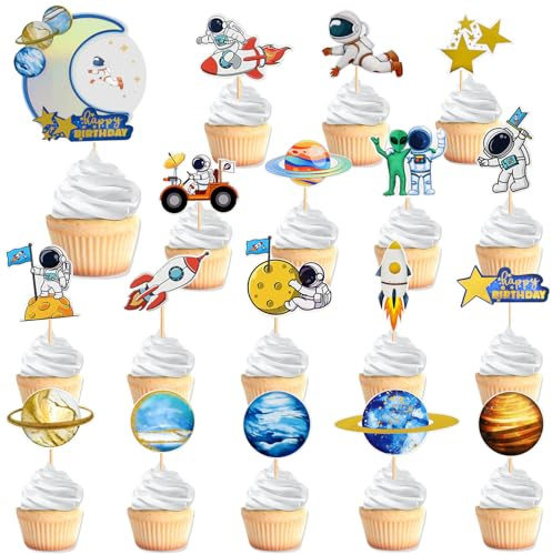 VARACL 35 piezas de decoración para cupcakes de astronauta espacial, diseño de cohete planeta viaje a la luna, para baby shower, niños y niñas, cumpleaños, decoración de tartas temáticas del espacio