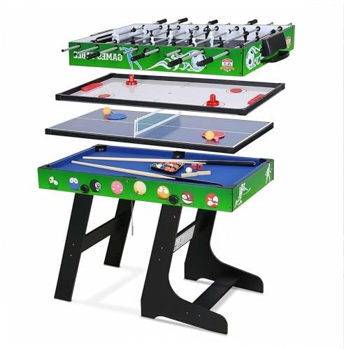 Table multijeux 4 en 1 - Babyfoot de 1,2 m/Air Hockey/Ping-Pong avec Accessoires/Billard Pliable - Idéal pour Une soirée Jeux en Famille en intérieur (103 x 58 x 73 cm).
