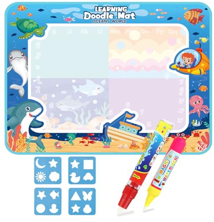 Tapis de dessin Ocean Magic, grande planche à gribouiller - 80 x 60 cm - Tapis de dessin réutilisable avec 2 stylos