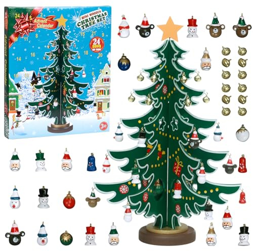 Christmas Advent Calendar 2025 Mini Christmas Tree 24 Days Countdown Calendar with Desktop Ornaments DIY Snowman Santa Ornaments