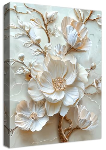 HALFLEMART Wooden Framed Canvas Wall Art 3D White Peony Flower Painting on Canvas Prints Poster Beige Floral Pictures for Living Room Bedroom Bathroom Dining Room Hallway Wall Decoration 40x60cm