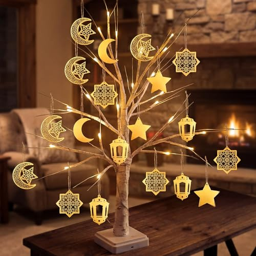 Ramadan Decoration LED Artificial Tree Wooden Hanging Eid Party Decorations Tree Decor Ramadan Gifts Room Furnishings