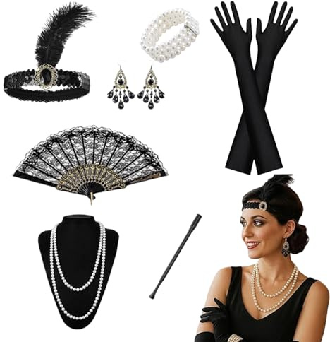AWAVM 1920-tals kostym damtillbehör, 20-tals tillbehör, 1920 tillbehörsset med flapper-pannband handskar pärlhalsband örhängen, perfekt för fjäderboa svart, karneval, karneval