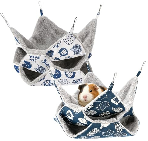 Hiuyavy Guinea Pig Hammock, 2Pcs three Layer Rat Hammocks, 20 * 20cm Rat Hammocks for Cage Small Animal Hanging Hammock for Hamster Parrot Guinea Pig Playing Sleeping (Blue & White)