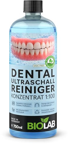 BIOLAB Dental Pulitore ad ultrasuoni concentrato (750 ml) per la pulizia di protesi, binari e parentesi graffe - Dental Ultrasuoni Pulitore Liquido per Pulitore ad Ultrasuoni