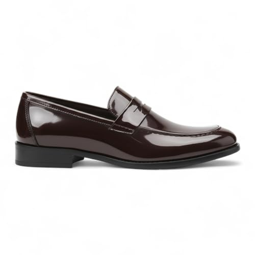 Mocassini Eleganti da Uomo Dolcetto in Similpelle Verniciata Marrone, Modello Penny Loafers.