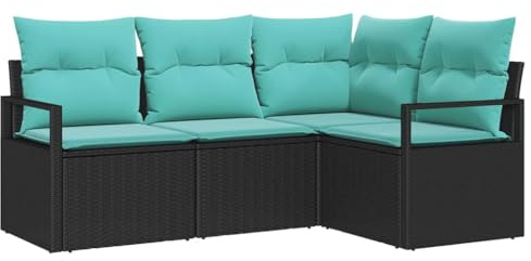 Qnhdfrt Set di 4 divani da giardino in polyrattan nero, divano angolare modulare per esterni per giardino e terrazza, comodo gruppo di sedute con cuscini e struttura in metallo, mobili da giardino a 4