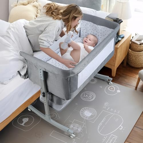 woshapce Baby Bedside Crib Baby Crib with with Wheels, Storage, Mosquito Net and Matress Included, Height Adjustable Baby Bassinet