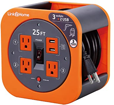 Link2Home Cord Reel 25 ft. Extension Cord 4 Power Outlets, 2 USB Ports, 2.4A Fast Charge – 16 AWG SJT Cable.