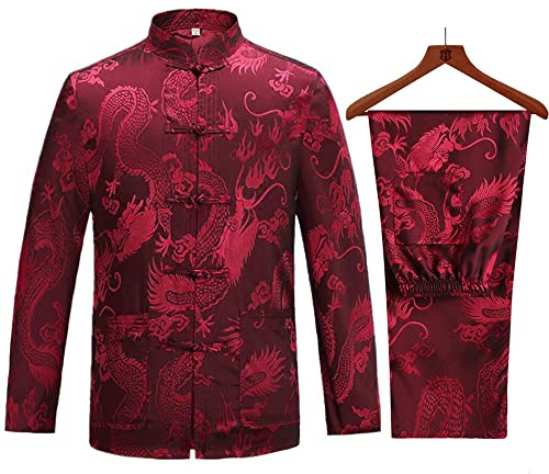Tang Suit Men Hanfu Chinese Traditional Clothes Kung Fu Shirt Uniform Long Sleeved Coat Tops and Pants (Red, Medium)