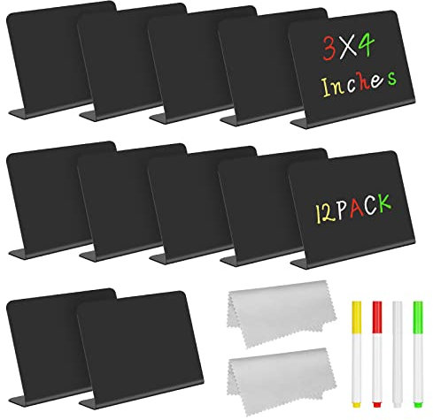 Vicloon svarta tavlan skyltar, 12 st svarta tavlan skyltar med 4 raderbara tavlan pennor 2 rengöringsduk Matställ Etiketter Bufféetiketter för mat, prislappar, skola, bröllop, fest(L-form)