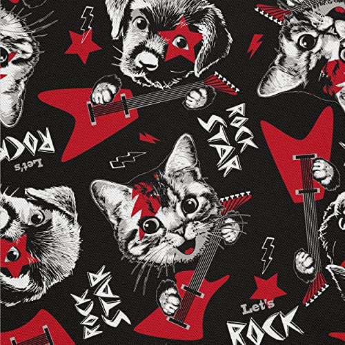 HEKO PANELS Stoff Oxford Wasserdichte Meterware Canvas-Stoff Polyester Stoff Zum Nähen Nähstoffe Möbelstoffe Dekostoffe Wasserabweisend Blickdicht Katze Hund Rock Star 1 Meter 155 x 100 cm, (DX716)