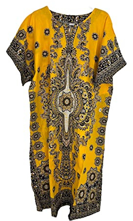 Ny dam 100 % bomull lång kaftanklänning, sommar-dashiki, afrikanskt tryck, en storlek, lös baggy stil, strandöverdrag., gUL, en storlek