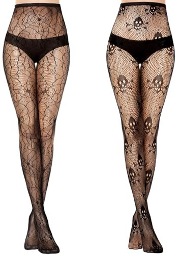 Kiiwah 2 Paar Netzstrumpfhose Schwarz Halloween, Elastizität Netzstrümpfe Spinnennetz & Schädel, Fishnet Strumpfhose Stockings Hohe Taille für Damen für Party, Club, Karneval, Alltag